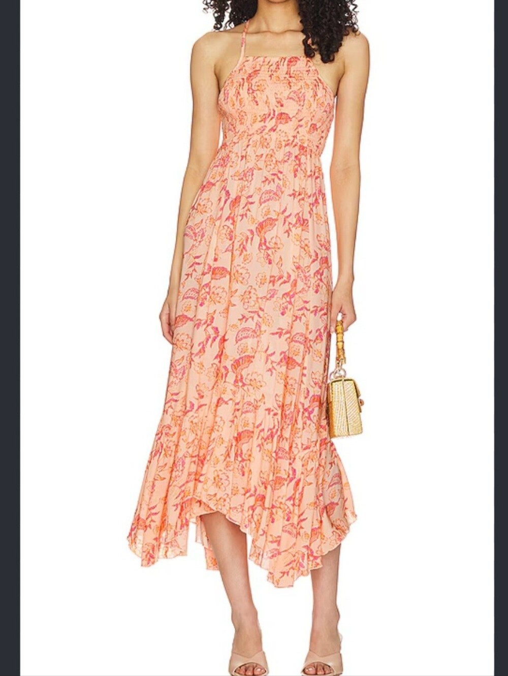 Free People Heat Wave Maxi Dress Dusk Coral Combo Floral Smocked Size L